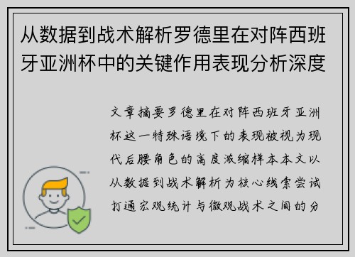 从数据到战术解析罗德里在对阵西班牙亚洲杯中的关键作用表现分析深度