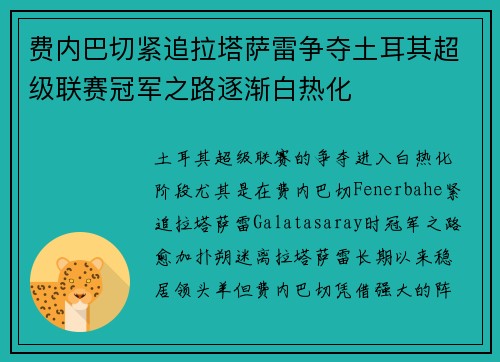 费内巴切紧追拉塔萨雷争夺土耳其超级联赛冠军之路逐渐白热化 费内巴切紧追拉塔萨雷争夺土耳其超级联赛冠军之路逐渐白热化