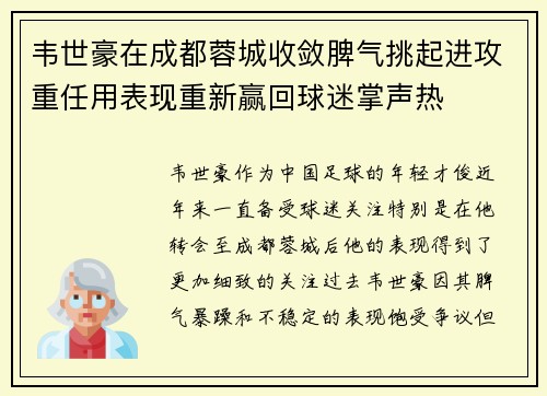 韦世豪在成都蓉城收敛脾气挑起进攻重任用表现重新赢回球迷掌声热